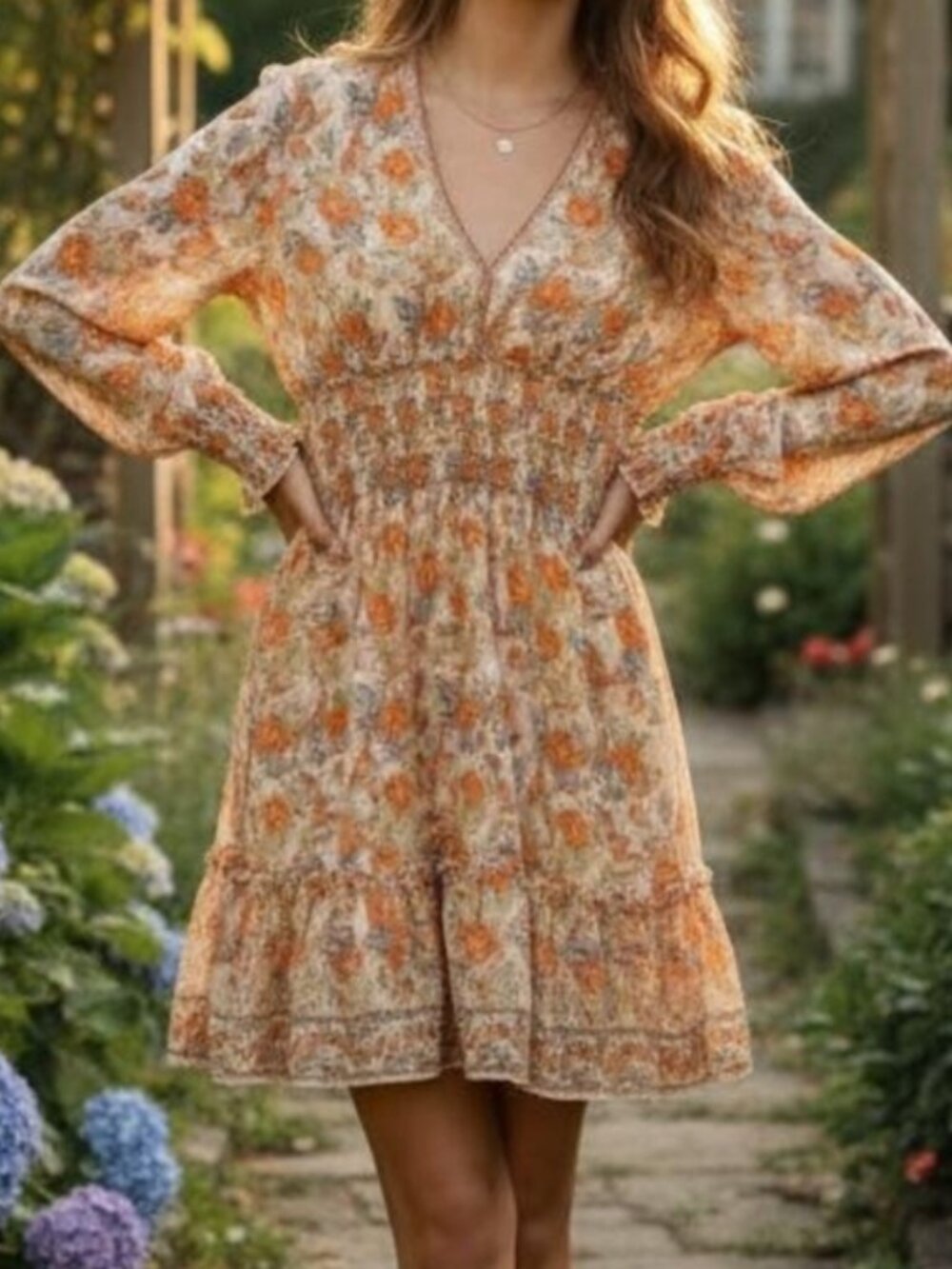 MAX STUDIO Geometric Floral Print Smocked Waist Dress Coral/Green/Hibiscus